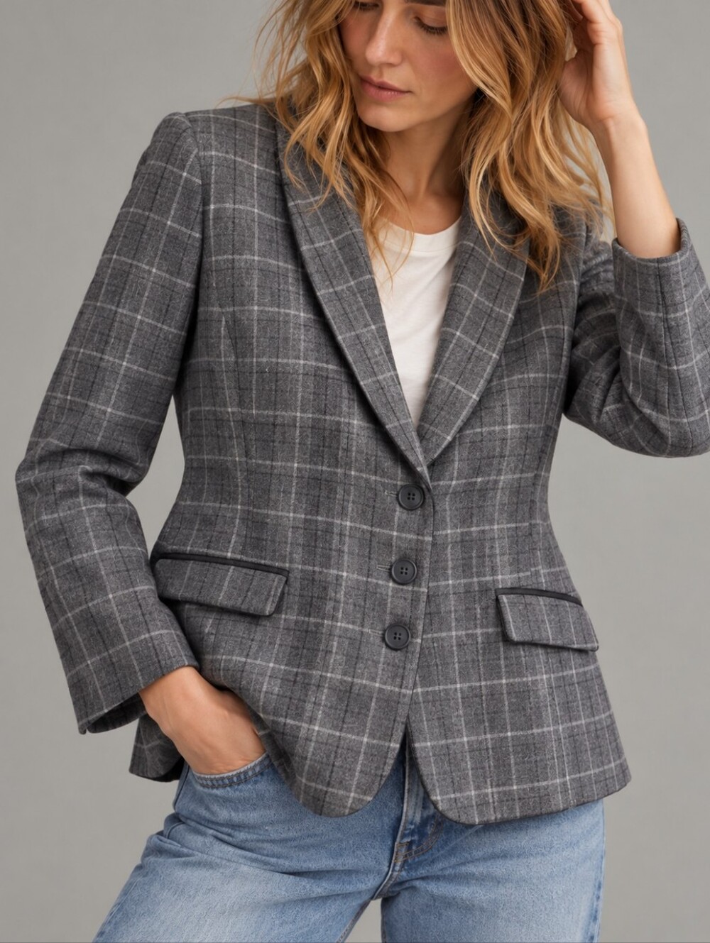 Pendleton Gray Plaid Virgin Wool Shawl Collar Blazer Womens Size 12